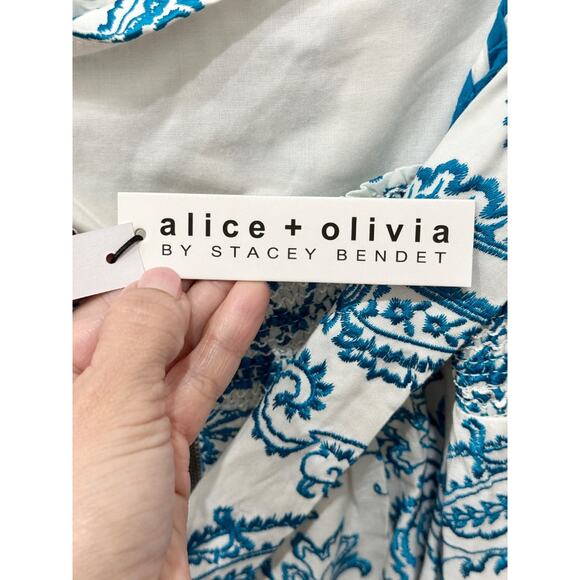 NWT Alice & Olivia Khira Embroidered Voile Mini Dress White/Blue Women's Size 12 - Picture 4 of 7